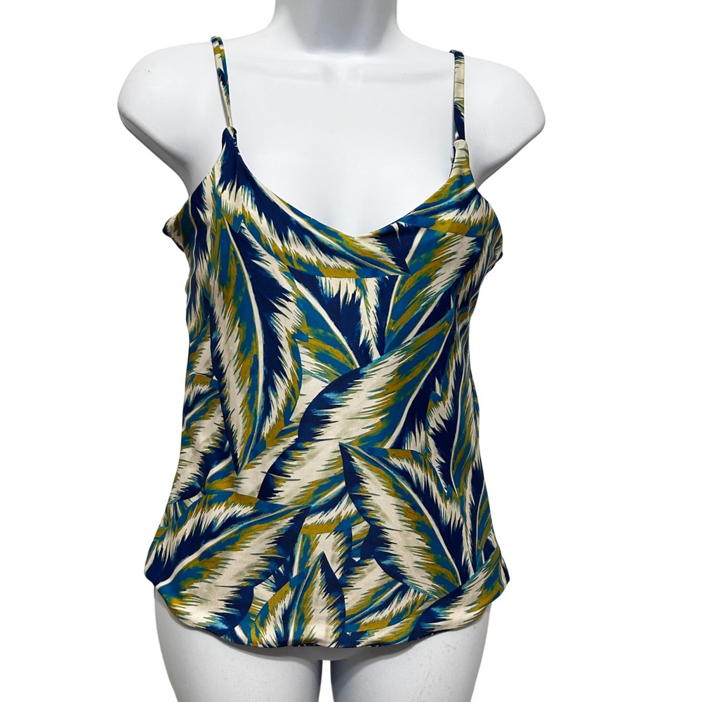 Tropical Women Beachy Babydoll Cami Top S Blue Palm Leaf Criss Cross Back Resort
